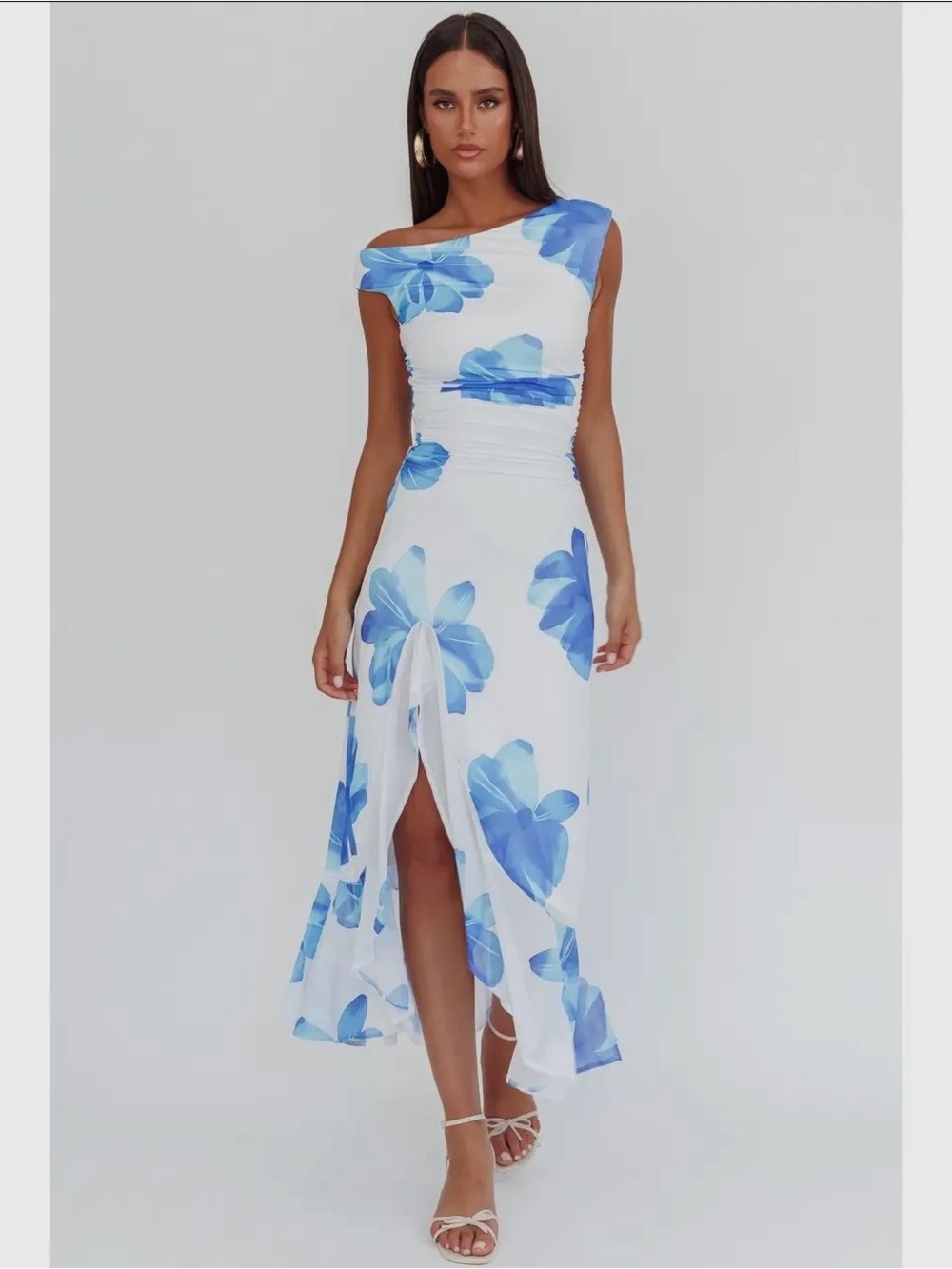 Blue Floral Off-Shoulder Midi Dress